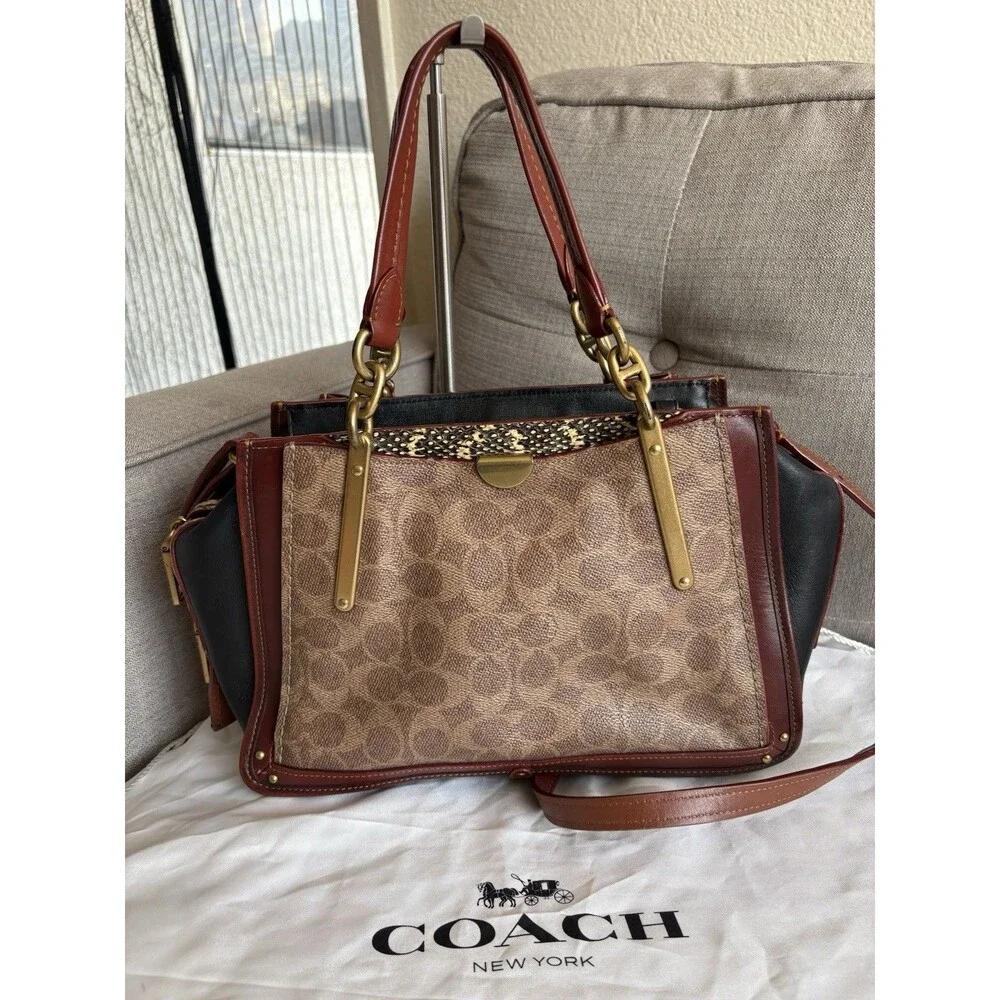 Coach Dreamer 27 In Signature Canvas Tan & Black W/ Snakeskin Detail Satchel Bag